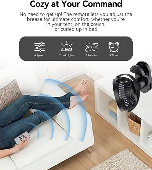 8-Inch Rechargeable Fan with Remote & 10000mAh Battery | 360° Auto Oscillation | Power Bank Function | LED Light with 3 Modes | Hook & Clip Design for Camping/Home/Office