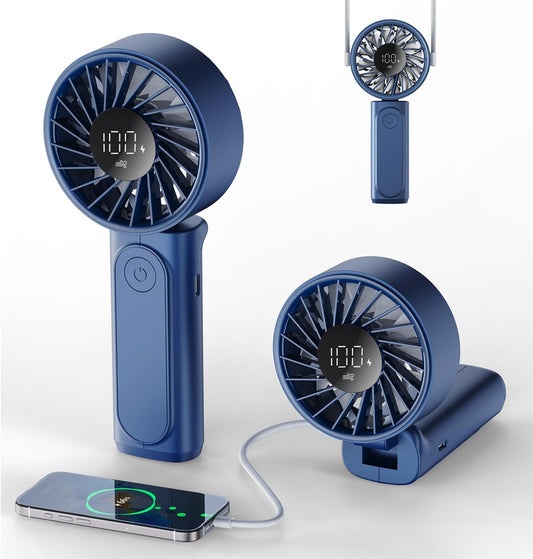High-Speed Foldable Handheld Fan – 4000mAh Battery | 6-Speed Adjustable | LCD Display | USB Rechargeable Silent Portable Fan with Power Bank Function