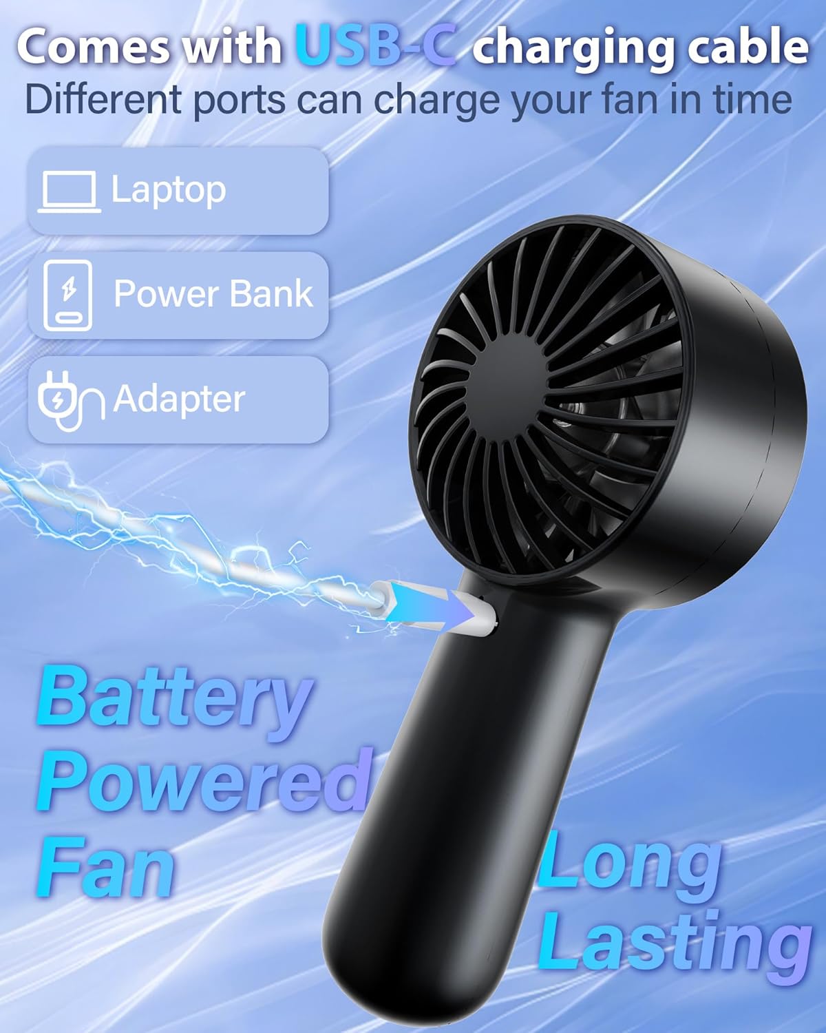 Mini Portable Handheld Fan | USB Rechargeable Pocket Fan | Lightweight & Quiet Personal Fan for Travel, Commuting, Makeup Bag | Black