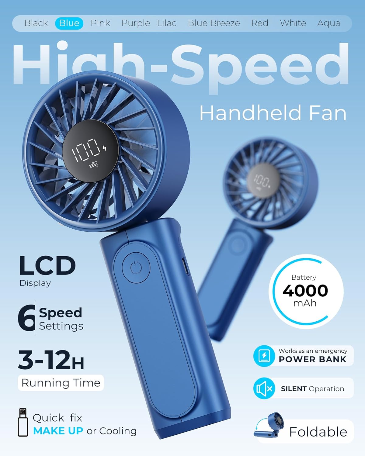 High-Speed Foldable Handheld Fan – 4000mAh Battery | 6-Speed Adjustable | LCD Display | USB Rechargeable Silent Portable Fan with Power Bank Function