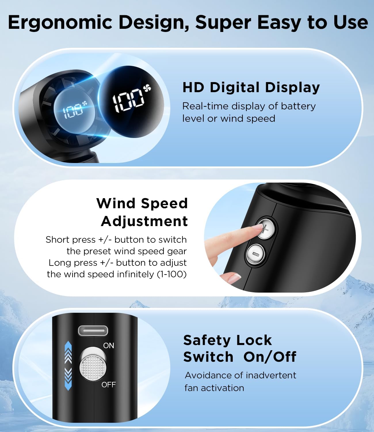 100-Speed Turbo Handheld Fan with Digital Display | Foldable USB Rechargeable Fan | Powerful Adjustable Wind | Up to 16 Hours Runtime | Compact Personal Fan for Travel, Office, Outdoor