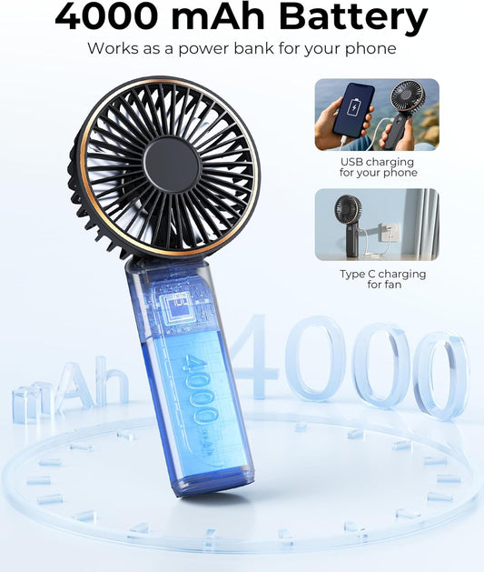 Foldable Portable Mini Fan – 6-Speed Rechargeable Fan with 4000mAh Battery, Power Bank Function, LCD Display, Silent Operation for Travel & Office