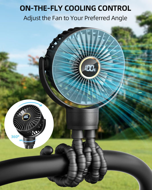 360° Rotating Octopus Tripod Portable Fan – USB Rechargeable, Strong Wind, Silent Operation – Flexible Grip Mini Fan for Stroller, Car, Desk, Camping & More
