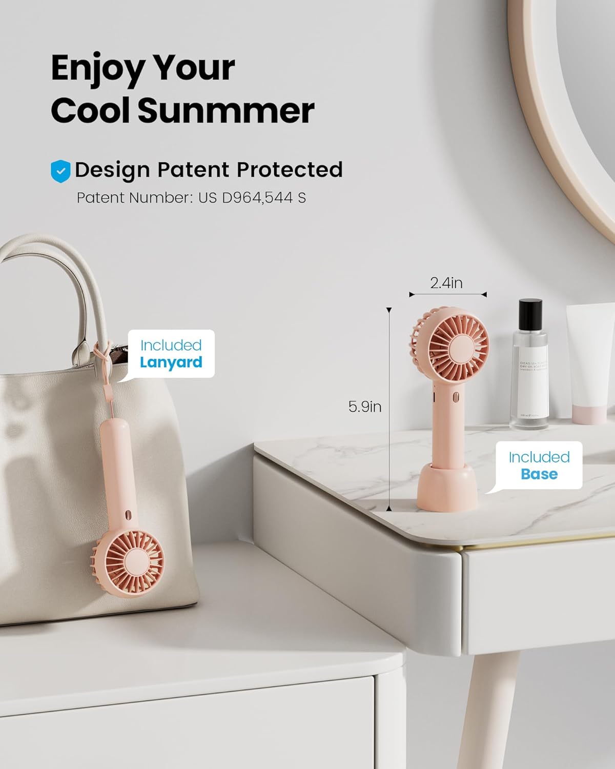 Portable Mini Handheld Fan with Base & Lanyard – USB Rechargeable, Quiet Operation – Compact Desktop & Travel Fan for Summer Cooling
