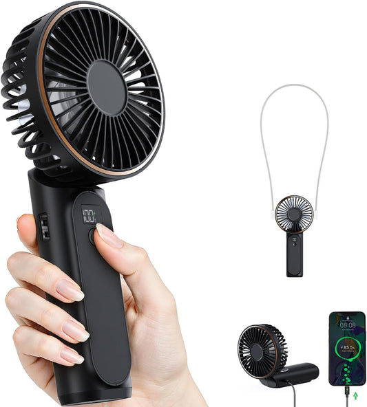 Foldable Portable Mini Fan – 6-Speed Rechargeable Fan with 4000mAh Battery, Power Bank Function, LCD Display, Silent Operation for Travel & Office