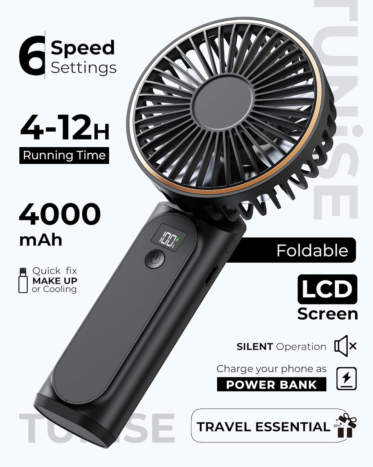 Foldable Portable Mini Fan – 6-Speed Rechargeable Fan with 4000mAh Battery, Power Bank Function, LCD Display, Silent Operation for Travel & Office
