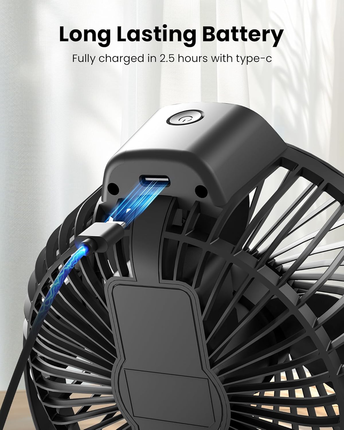 Clip-On Electric Fan with Adjustable Angle | USB Rechargeable Portable Quiet Fan | Ideal for Desk, Baby Crib, Camping, Car Use | 6.77-Inch Strong Wind Design (Black)