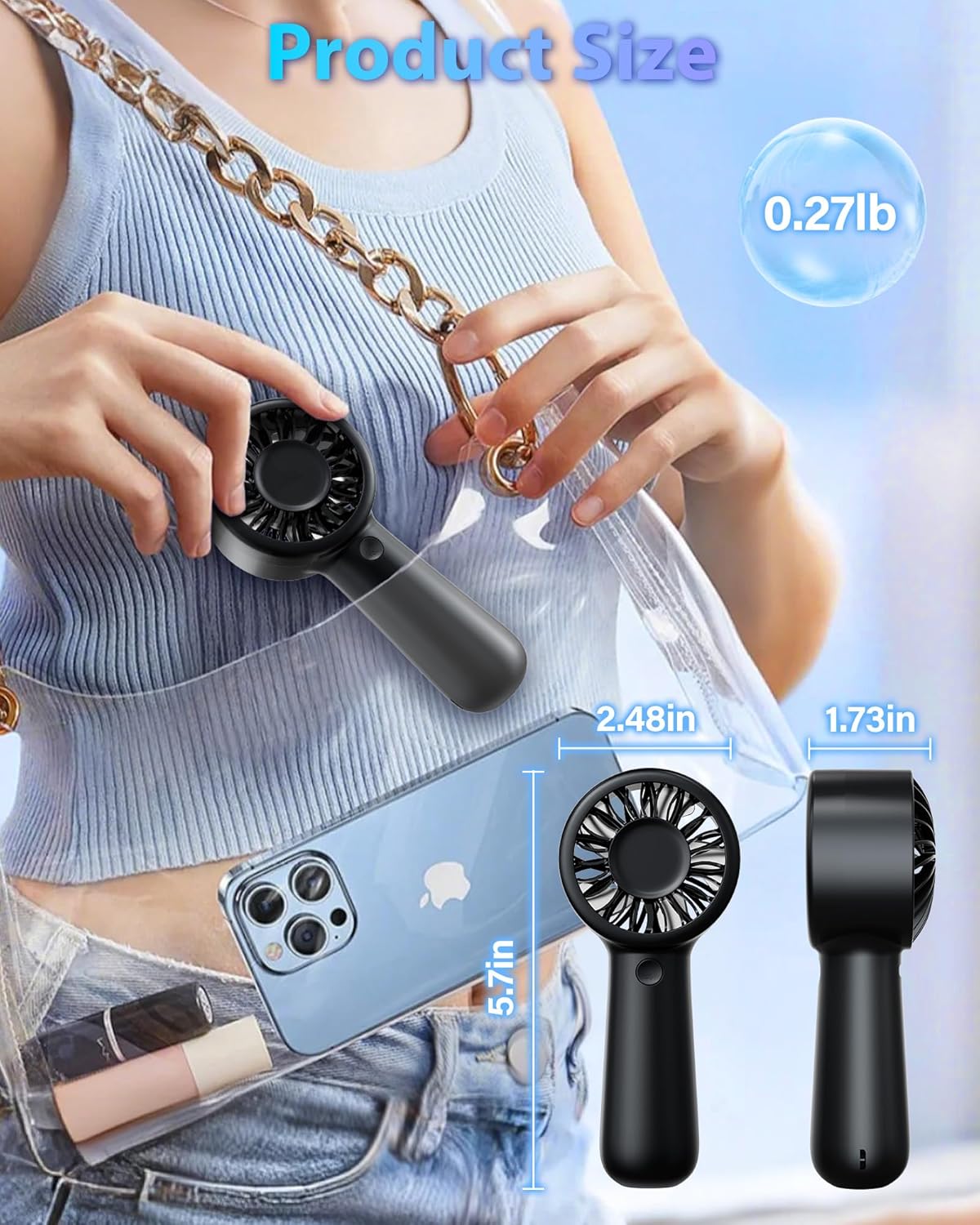Mini Portable Handheld Fan | USB Rechargeable Pocket Fan | Lightweight & Quiet Personal Fan for Travel, Commuting, Makeup Bag | Black