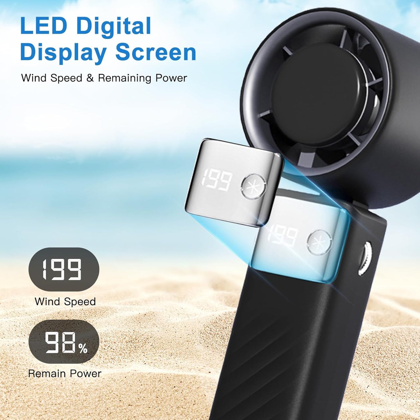 Foldable Handheld Electric Fan | 6-Speed Adjustable | Max 10500RPM | LED Display & USB Rechargeable | Compact & Lightweight Cooling Fan for Outdoor, Travel, Desk Use