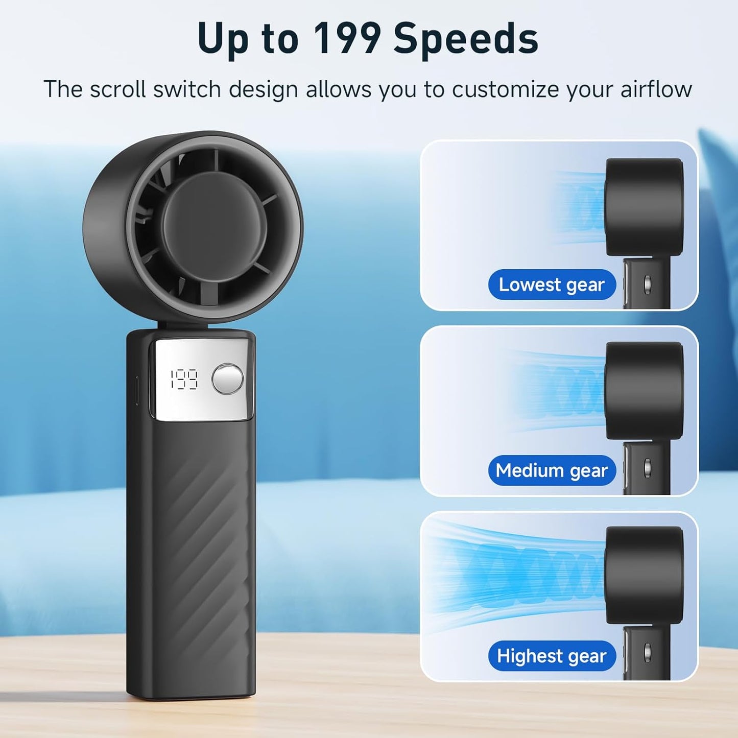 Foldable Mini Electric Fan with LED Display – Stepless Speed Control, USB Rechargeable, Portable Silent Desk & Handheld Fan for Office & Travel (Black)