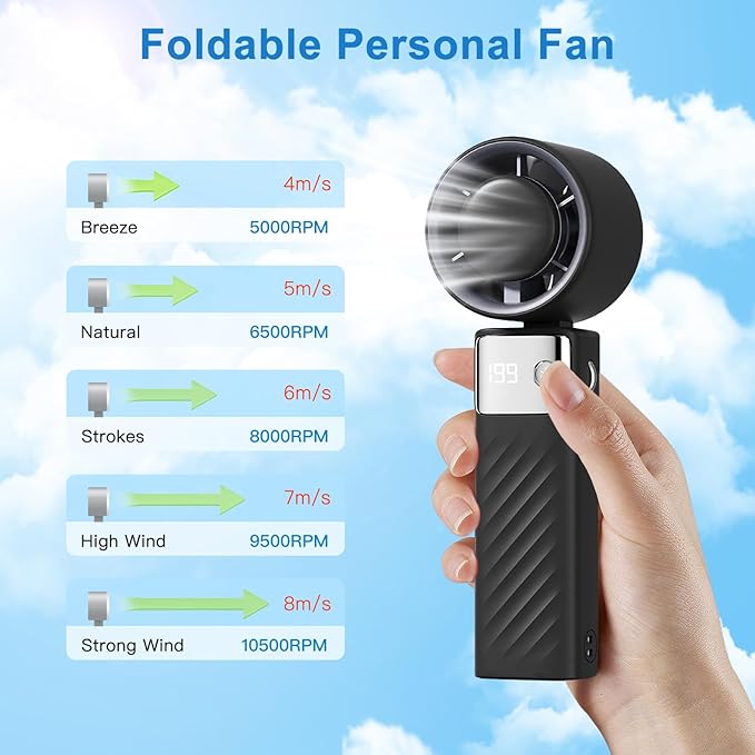 Foldable Handheld Electric Fan | 6-Speed Adjustable | Max 10500RPM | LED Display & USB Rechargeable | Compact & Lightweight Cooling Fan for Outdoor, Travel, Desk Use