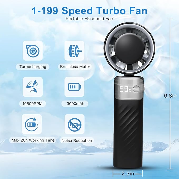Foldable Handheld Electric Fan | 6-Speed Adjustable | Max 10500RPM | LED Display & USB Rechargeable | Compact & Lightweight Cooling Fan for Outdoor, Travel, Desk Use