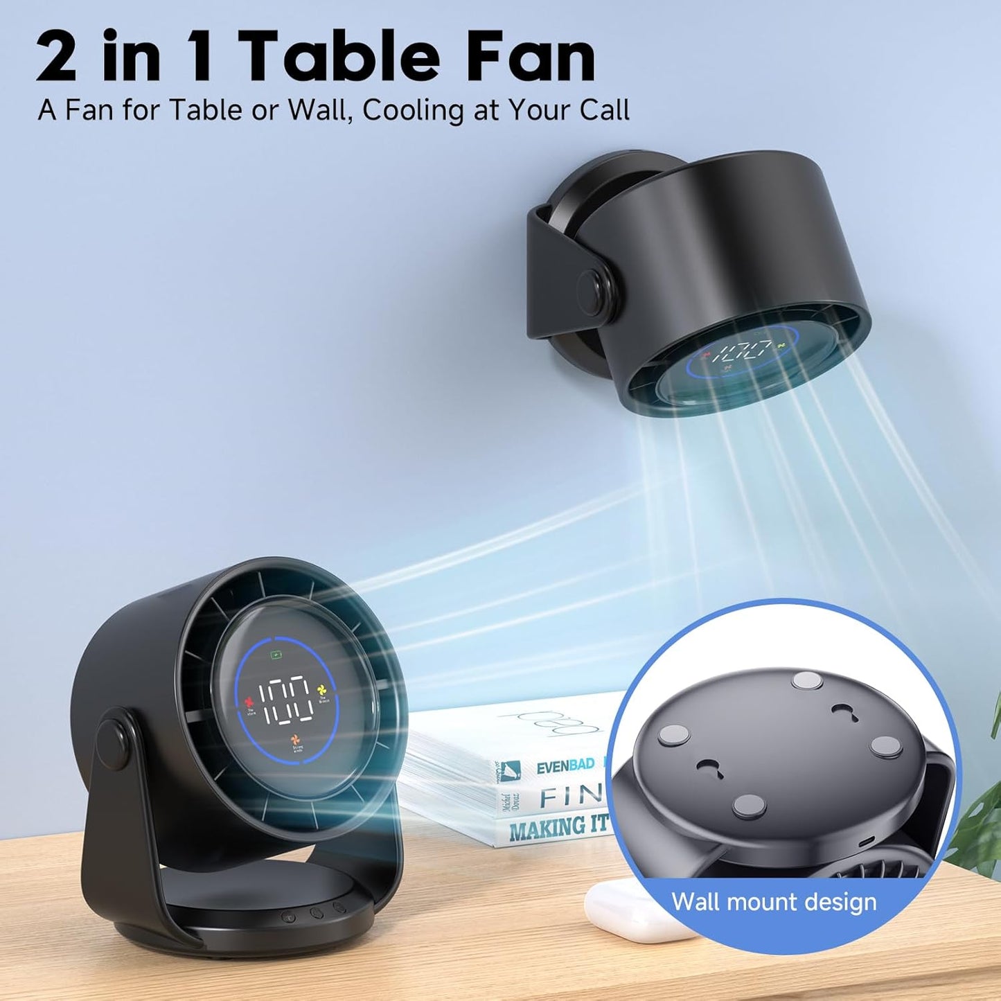 Smart Display Desk Fan with 100 Wind Speeds | Quiet Operation | Adjustable Angle | USB Rechargeable | LED Mode Display Fan (Black)